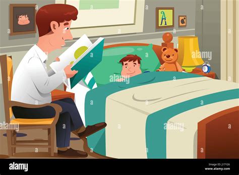 A Vector Illustration Of Father Reading A Bedtime Story To His Son