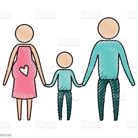 임신 어머니와 손을 잡고 보 크레용 실루엣 그림 부모 색상 가족에 대한 스톡 벡터 아트 및 기타 이미지 가족 공란 귀여운