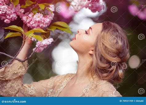 Beautiful Adult Girl Standing At Blossoming Tree In The Garden Stock Image Image Of Happy