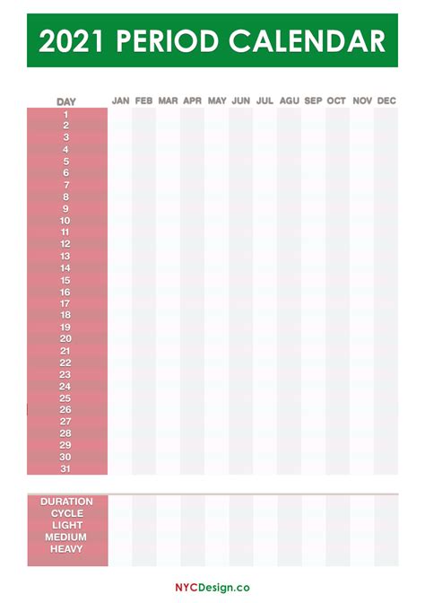 2021 Period Calendar Free Printable Pdf  Green Red Nycdesign