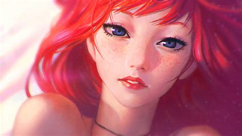 1280x720 resolution red haired female anime character ilya kuvshinov redhead freckles blue