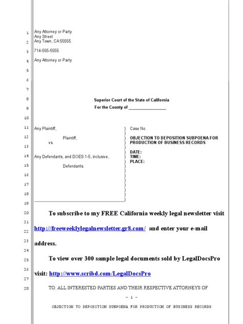 Sample Objection To Deposition Subpoena For California Deposition