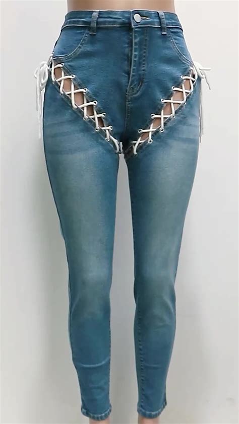 Personality Sexy Woman Skinny Rip Jeans With Drawstring Open Front And Back Holes Denim Pants