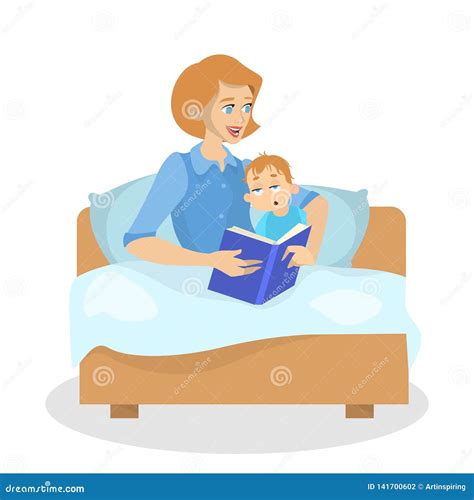 Mother Reading Book For A Kid At Bedtime Stock Vector Illustration Of