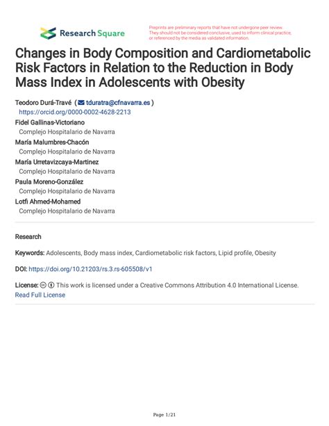 Pdf Changes In Body Composition And Cardiometabolic Risk Factors In