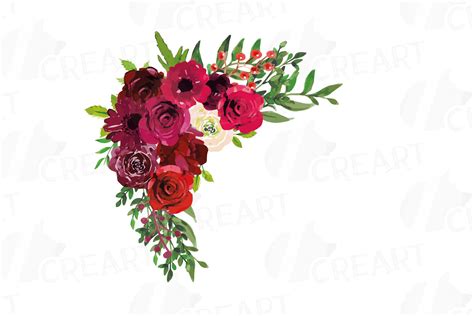 Boho Burgundy Red Watercolor Clip Art Floral Bouquets Png