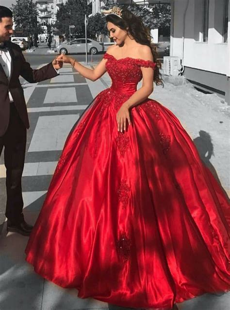 Red Satin Appliques Quinceanera Dresses Ball Gown Off The Shoulder