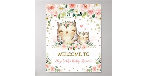 Blush Floral Woodland Owl Baby Shower Birthday Poster Zazzle