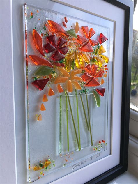 Orange And Red Large Fused Glass Art Vase Of Flowers Scene Etsy Uk