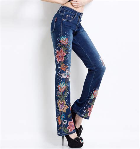 2019 Wholesale Ferzige Women Jeans With Embroidery Manual Embroidered Flares Pants Hand Beading