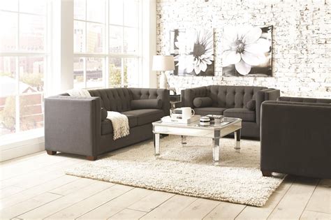 This sofa's durability and elegance will last for years of enjoyment when you bring home the tenny. Cairns Charcoal Living Room Set from Coaster (504901 ...