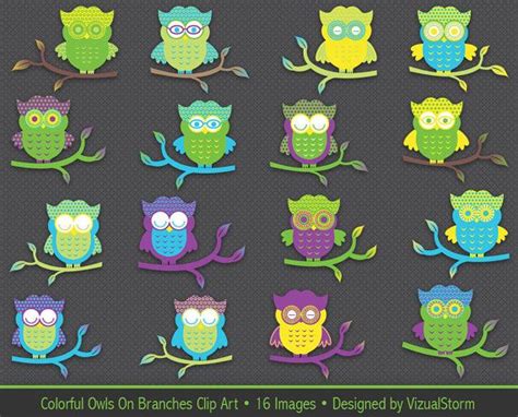 Cute Owl Clip Art Colorful Owls On Branches Bright Colored Polkadot