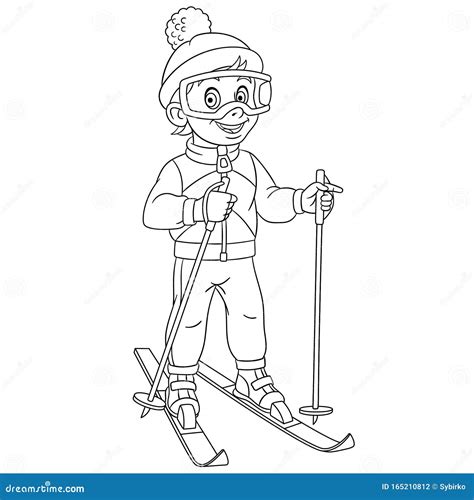 Coloring Page with Boy Skier Ski Running Stock Vector - Illustration of