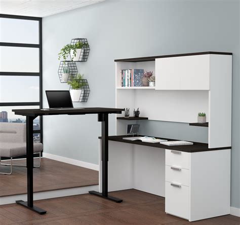 L Shaped Desk And Hutch With Height Adjustable Side In White And Deep Gra