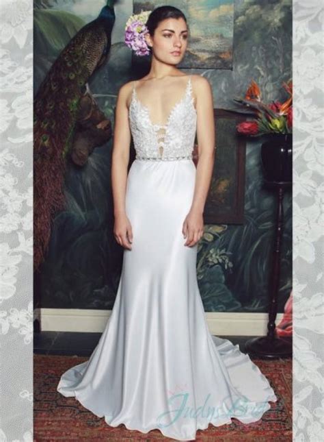 Custom make or standard size. Sexy Plunging Deep V Neck Low Back Sheath Wedding Dress ...
