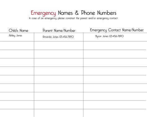 Emergency Contact List Home Daycare Emergency List Childcare Log