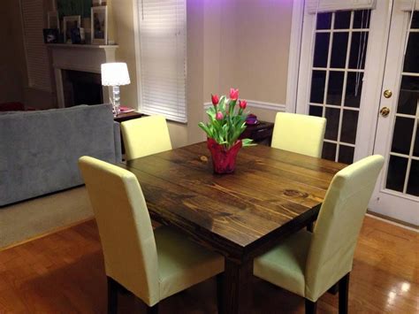Handmade farmhouse dining table with bench. This Square Farmhouse Table seats 4 comfortably! Pictured ...