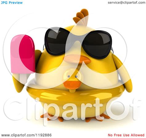 Clipart Of A 3d Chubby Yellow Bird Chicken With A Popsicle And Duck