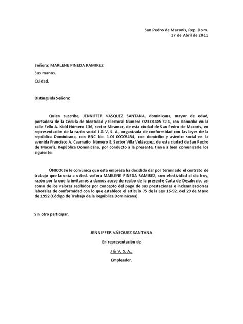 Carta De Desahucio República Dominicana Derecho Laboral