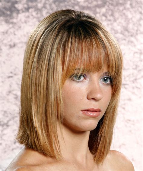 Check out the hairstyles with bangs that have dark colors on them. Medium Straight Dark Blonde Hairstyle with Layered Bangs