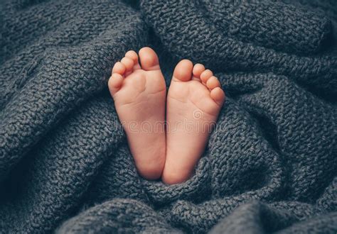 Soft Newborn Baby Feet Against A Dark Grey Blanket Closeup Stock