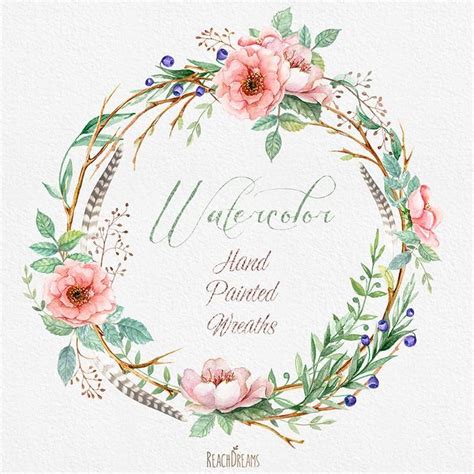 Watercolour Flower Wreaths With Floral Elements And Feathers Etsy In