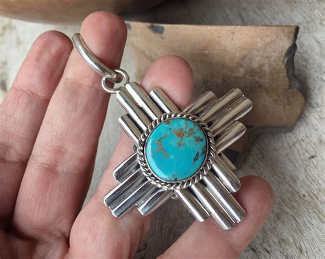 Sterling Silver And Turquoise Zia Pendant For Necklace Native America Indian Jewelry Sun Design