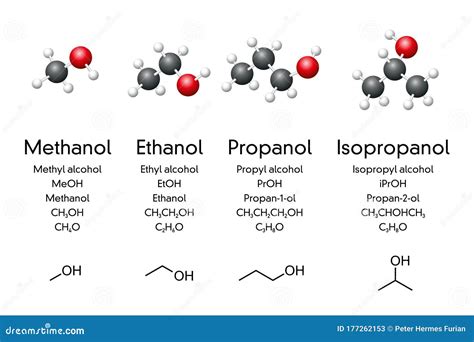 Simple Alcoholic Compounds Molecular Models And Formulas Stock Vector
