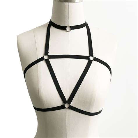 Sexy Elastic Cupless Strappy O Ring Open Caged Body Harness Bra Top Tanga