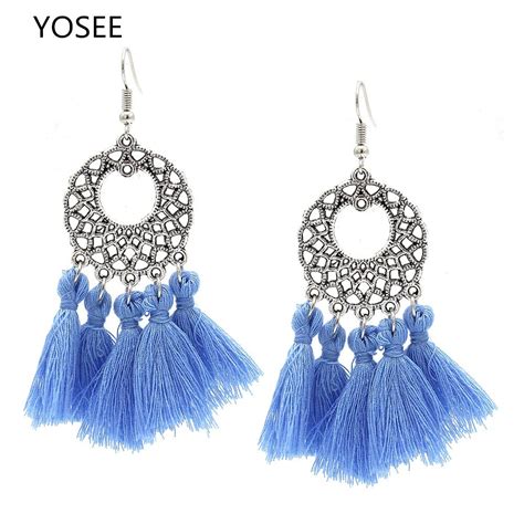 yosee earrings for women bohemian crystal tassel earrings black white blue red pink silk fabric
