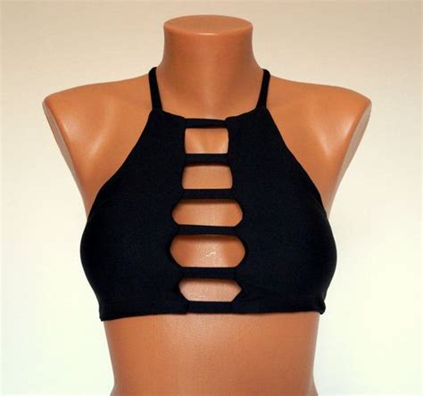 bs1101 padded solid black strappy high neck halter bikini top bathing suit yoga top bikini top