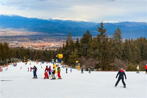 Skiers On The Slope Ski Lift Mountains View And Bansko Panorama Bulgaria Editorial