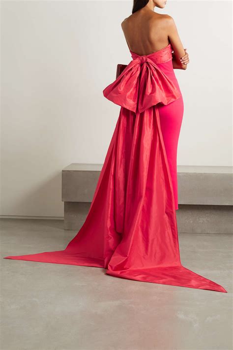 Red Bow Embellished Taffeta Trimmed Stretch Knit Gown Oscar De La