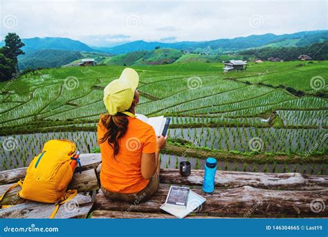 Asian Woman Travel Nature Travel Relax Standing Reading Book The