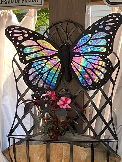 Stained Glass Butterfly In Metal Beautiful Iridescent Glass Etsy