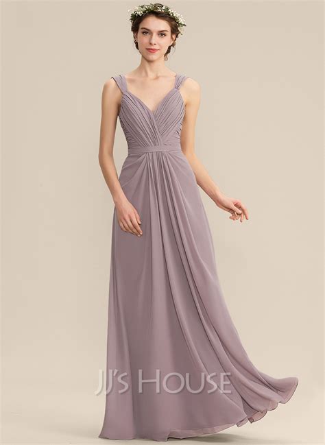A Line V Neck Floor Length Chiffon Bridesmaid Dress With Ruffle 007165856 Jj S House