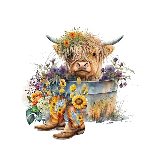 A Watercolor Painting Of A Cow With Boots And Flowers