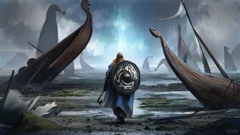 Fantaisie Viking Guerrierère Drakkar Shield Paysage Fond Décran