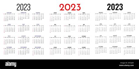 Satz Von Kalender 2023 Jahr Die Woche Beginnt Am Sonntag Vorlage Für