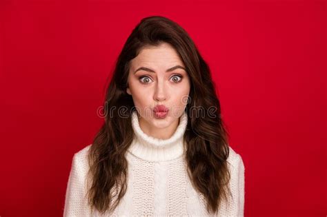 Photo Of Nice Optimistic Brunette Lady Blow Kiss Wear White Sweater On Vivid Red Color