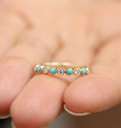 Turquoise With Diamond Half Eternity Wedding Ring 14k Solid Etsy