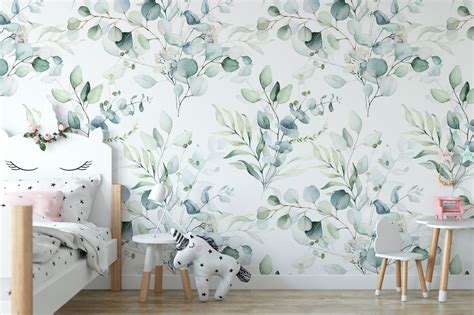 Wallpaper Peel And Stick Wallpaper Green Leaves On White Etsy