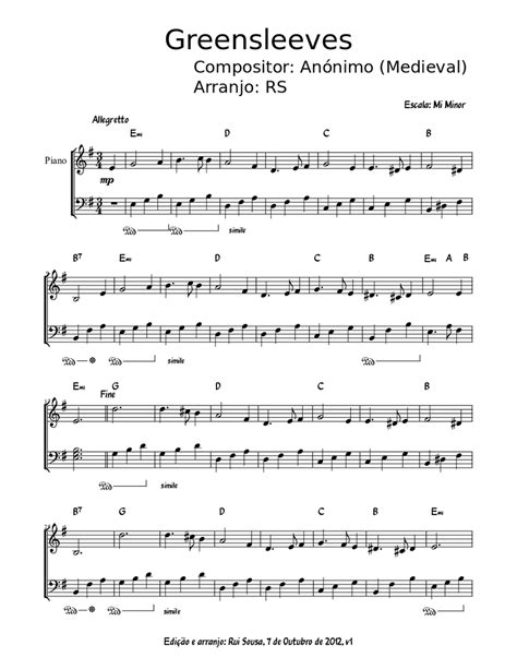Greensleeves offers a nice study in fingering and minor keys. Greensleeves Sheet music for Piano (Piano Duo) | Musescore.com