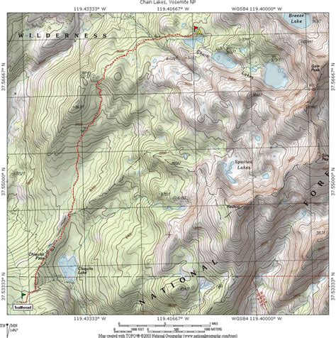 Chain Lakes Yosemite National Park Ca Topo Map Profile And Trail