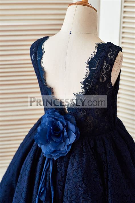 Navy Blue Lace Deep V Back Flower Girl Dress With Handmade