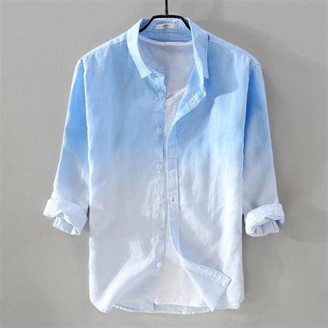 Blue Fade Linen Button Down Shirt Cotton Shirts For Men Blue White