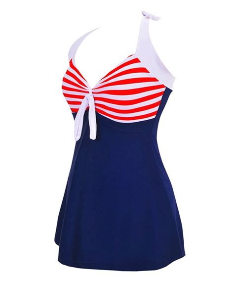 Vintage Sailor Swimsuit Halter Neck 1 Piece Skirtini Swimdress Fba