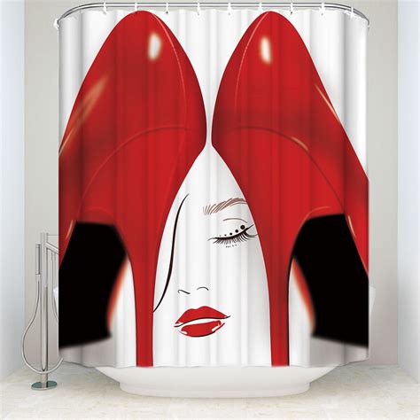 New Waterproof Fashion Red High Heels Shower Curtain With Hooks