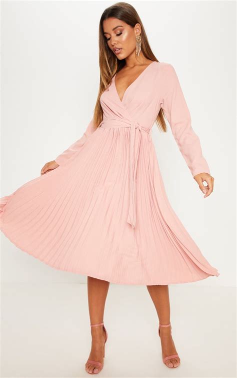 Rose Long Sleeve Pleated Midi Dress Dresses Prettylittlething Usa