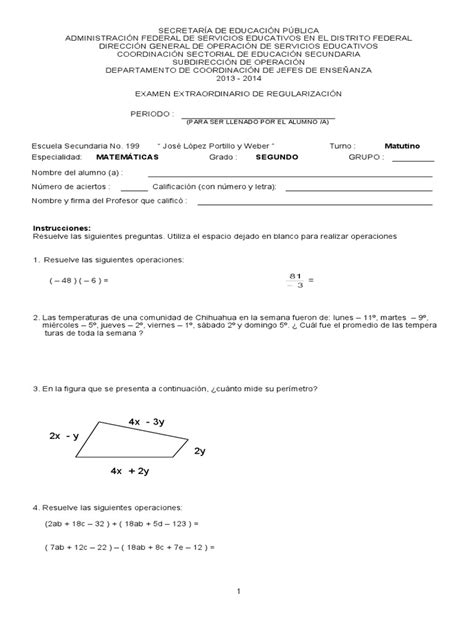 Examen Extraordinario Segundo Año 2013 2014 Ejemplo Pdf Ecuaciones